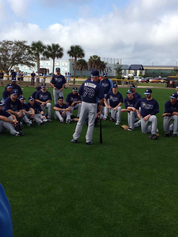 Joe Maddon meeting with the pitching staff at Port Charlotte. (Courtesy of the Tampa Bay Rays)