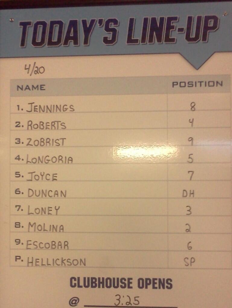 Rays 4/20/13 starting lineup,(Courtesy of the Tampa Bay Rays)