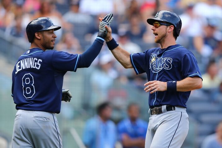 Desmond Jennings and Ben Zobrist in the seventh inning of Sunday's 3-1 win against the Yankees.