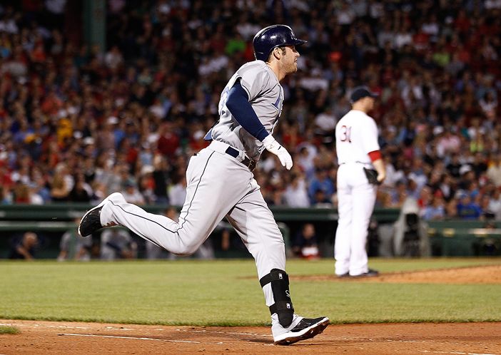 Evan Longoria rounds the bases after hitting his 21st homer of the season off Red Sox starter Jon Lester in the sixth inning, getting the Rays within 3-2. (Photo courtesy of Getty Images)