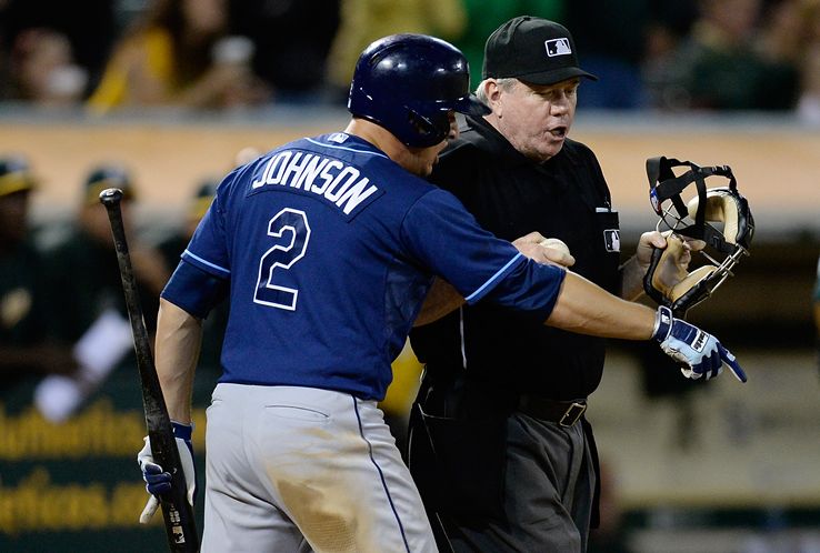 Kelly Johnson argues with home plate umpire Brian Gorman after being called out on strikes in the eighth inning. A pictorial metaphor of the Rays at the moment. (Photo courtesy of Getty Images)