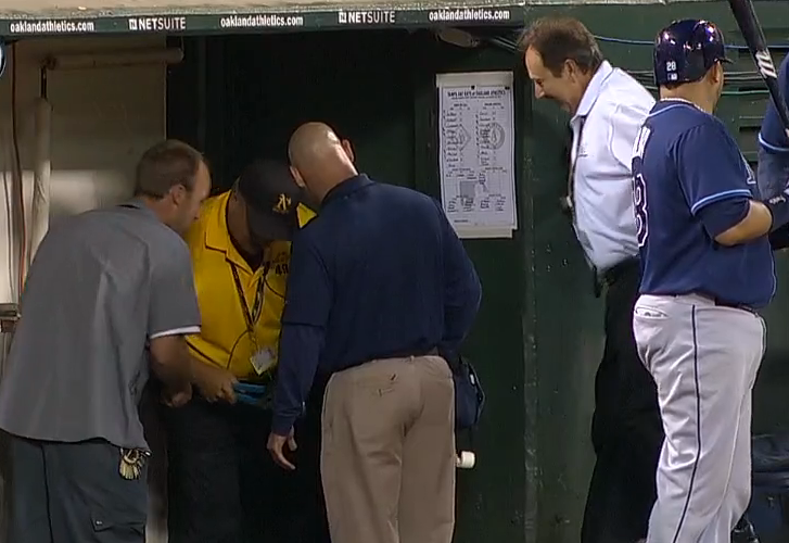 Fernando Rodney is rescued from a dugout bathroom when a staff member in Oakland manages to pry the door open. Click the screen shot for video of the, ahem...incident.