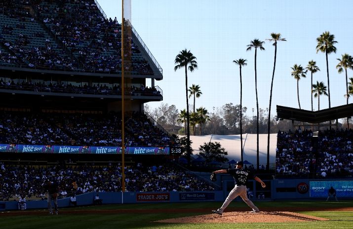 Jeremy Hellickson throws a pitch against the Los Angeles Dodgers at Dodger Stadium. (Photo courtesy of Stephen Dunn/Getty Images)