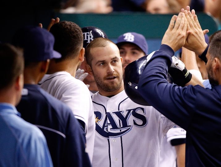 Evan Longoria celebrates his fifth inning two run home run against the Seattle Mariners. (Photo by J. Meric/Getty Images)