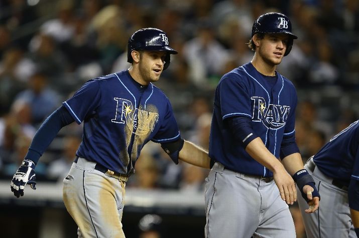 Evan Longoria celebrates with Wil Myers after hitting a three run home run against the New York Yankees in the sixth inning. (Photo by Al Bello/Getty Images)