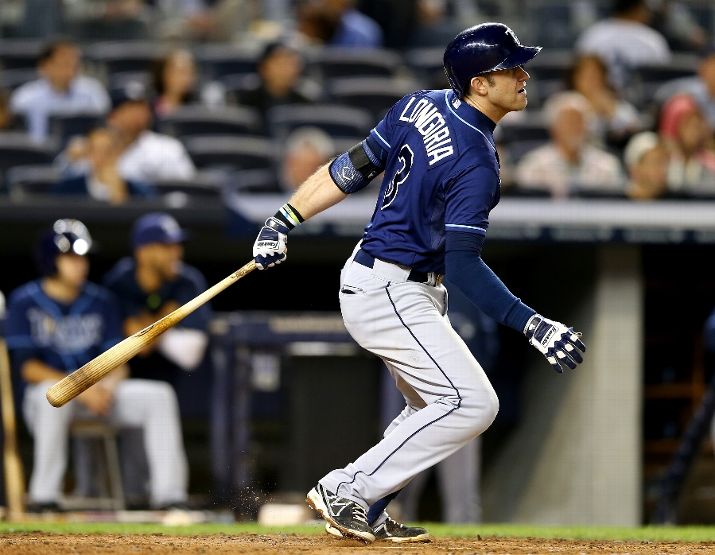 Evan Longoria hits an RBI in the fourth inning against the New York Yankees. (Photo by Elsa/Getty Images)