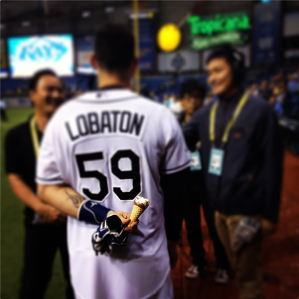 Perfect! Jose Lobaton, walk-off hero, made sure to save himself a special treat for after his postgame interviews. (Photo courtesy of the Tampa Bay Rays)