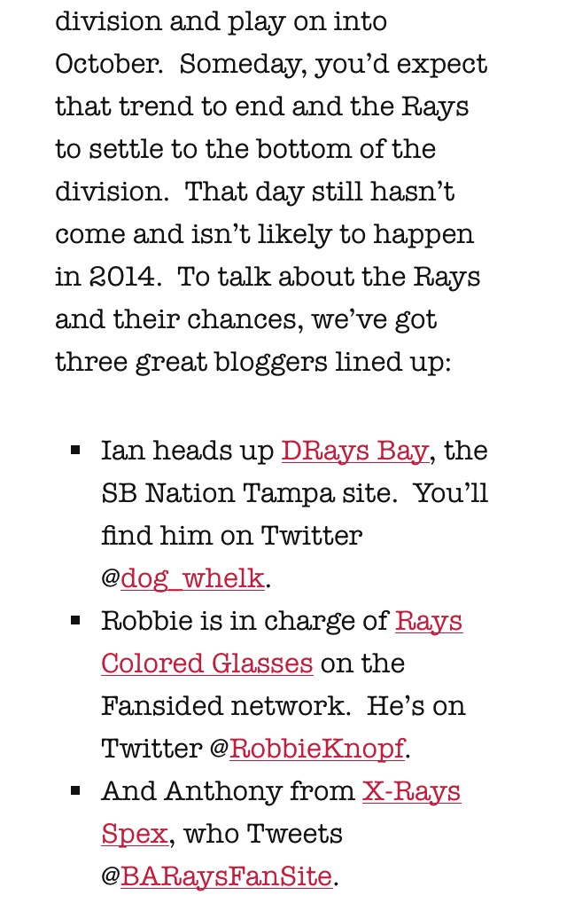 Click the screenshot above, to be redirected to a collaborative piece including thoughts on the Rays from contributors to DRaysBay, Rays Colored Glasses, and yours truly.