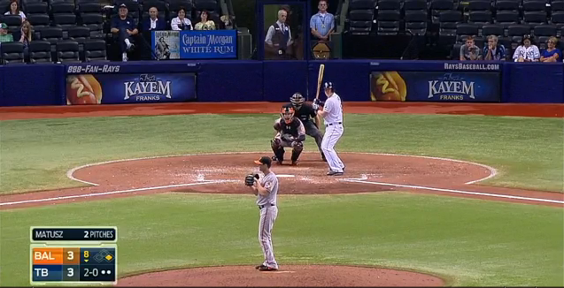 Jerry Sands crushed a two-run homer, his first of the season, giving the Rays a 5-3 lead in the bottom of the eighth inning. Click the photo to watch the monster shot in all of its glory.