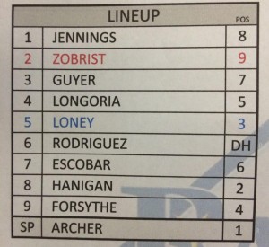 (Lineup card, courtesy of the Tampa Bay Rays)