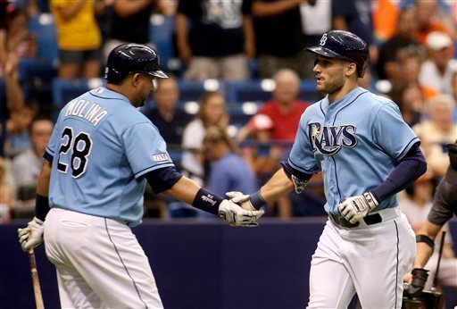Kevin Kiermaier gets a handshake from teammate Jose Molina after crossing the plate following a solo home run during the sixth inning. Click the photo to be redirected to video of Kiermaier's solo shot. 