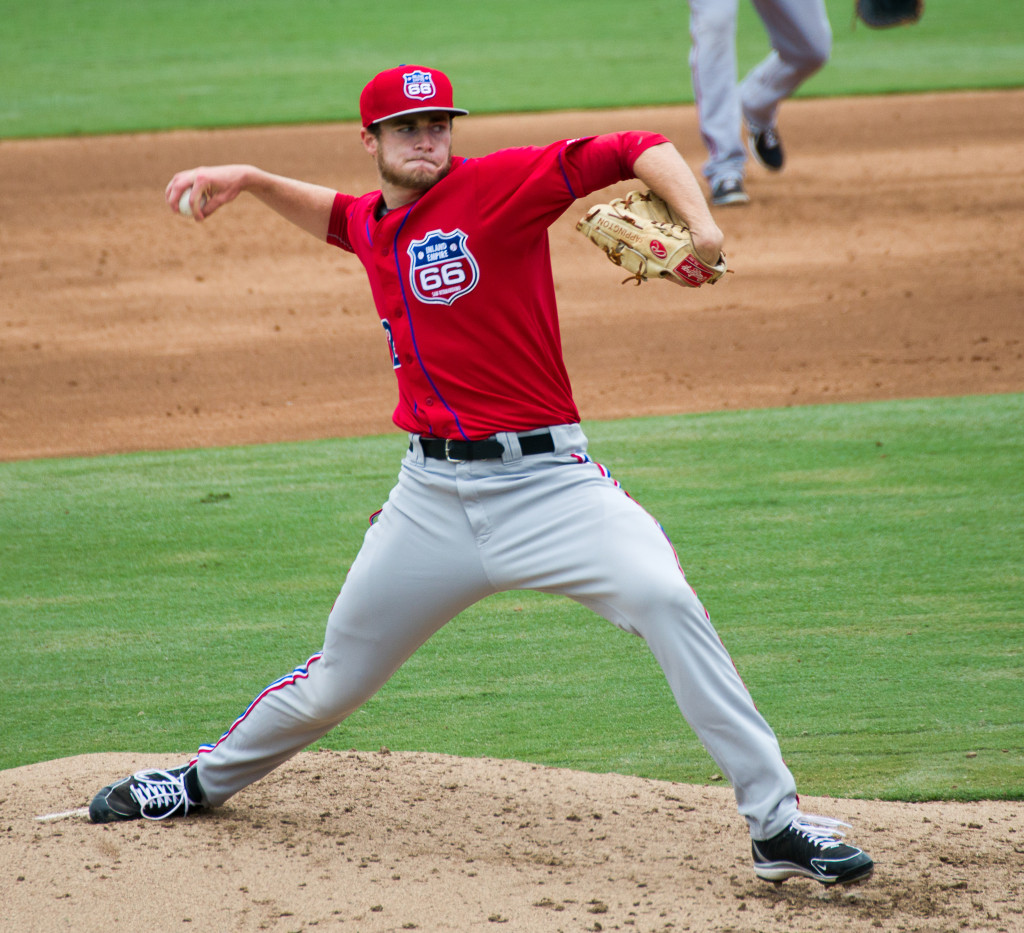 Mark Sappington, pitcher for the Inland Empire minor league baseball team of the Los Angeles Angels, in 2013. (Photo courtesy of Dirk Hansen)