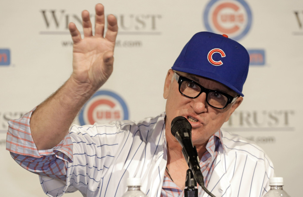 Joe Maddon is introduced as the new manager of the Chicago Cubs baseball team Monday, Nov. 3, 2014, in Chicago. (AP Photo/M. Spencer Green)