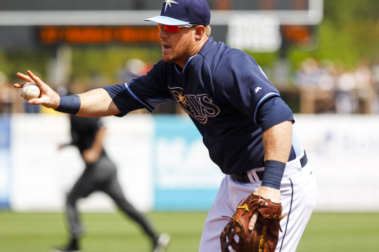 Allan Dykstra took over for James Loney at first base Tuesday afternoon, in Port Charlotte. (Photo courtesy of Will Vragovic/Tampa Bay Times)