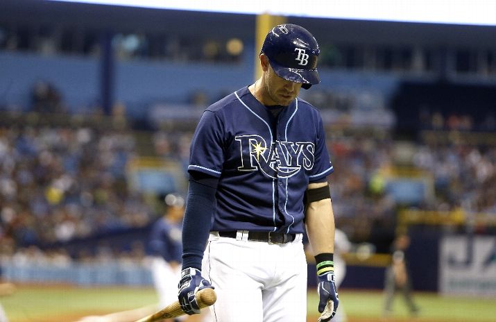 Evan Longoria walks back to the dugout after striking out swinging with the bases loaded to end the third inning. (Photo Credit: Brian Blanco/Getty Images)