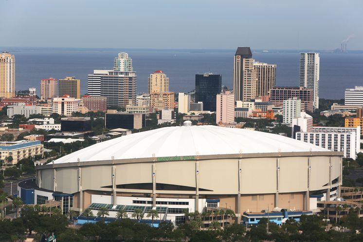 Tropicana Field is shown in the shadow of the skyline of downtown St. Petersburg in 2013. (Photo Credit: Tampa Bay Times)