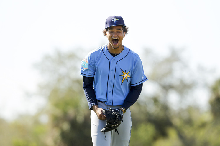 Potential Cy Young Award candidate Chris Archer reacting to Tim Beckham's home run during the first full-squad workout of Rays Spring Training on February 26, 2016. (Photo Credit: Will Vragovic/Tampa Bay Times)