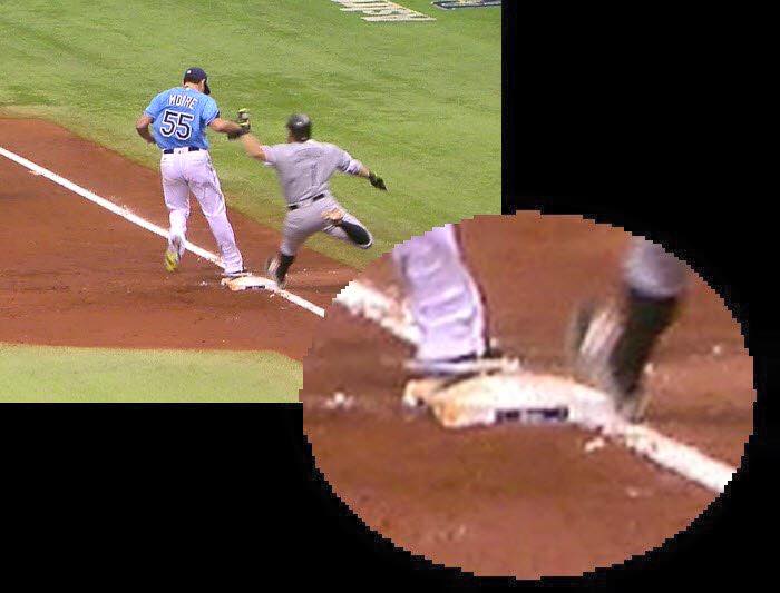 How in God's name was this called safe?! MLB should be credited with the subsequent run, not Matt Moore. (Photo Credit: Cork Gaines)