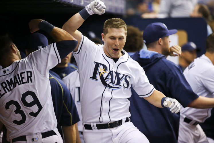 Corey Dickerson celebrates his solo home run with Kevin Kiermaier in the fourth inning of the game between the Tampa Bay Rays and the Toronto Blue Jays on Tuesday, April 5, 2016. (Photo Credit: Will Vragovic/Tampa Bay Times)