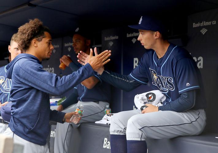 Chris Archer #22 of the Tampa Bay Rays greets Blake Snell #4 before the game against the New York Yankees at Yankee Stadium on April 23, 2016 in the Bronx borough of New York City.This is Snell’s major league debut. (Photo by Elsa/Getty Images)