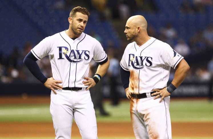 Tampa Bay Rays third baseman Evan Longoria (3) and Tampa Bay Rays first baseman Steve Pearce (28) after the fifth inning of the game between the Tampa Bay Rays and the Oakland Athletics in Tropicana Field in St. Petersburg, Fla. on Friday, May 13, 2016. (Photo Credit: Will Vragovic/Tampa Bay Times)