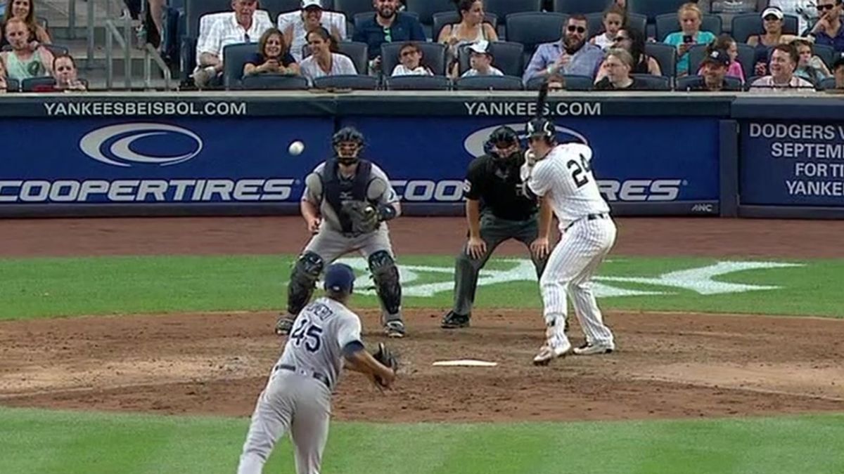 That moment when you attempt to throw a ball, but it gets crushed by Gary Sanchez because it was too close to the zone. (Photo Credit: Fox Sports Florida)